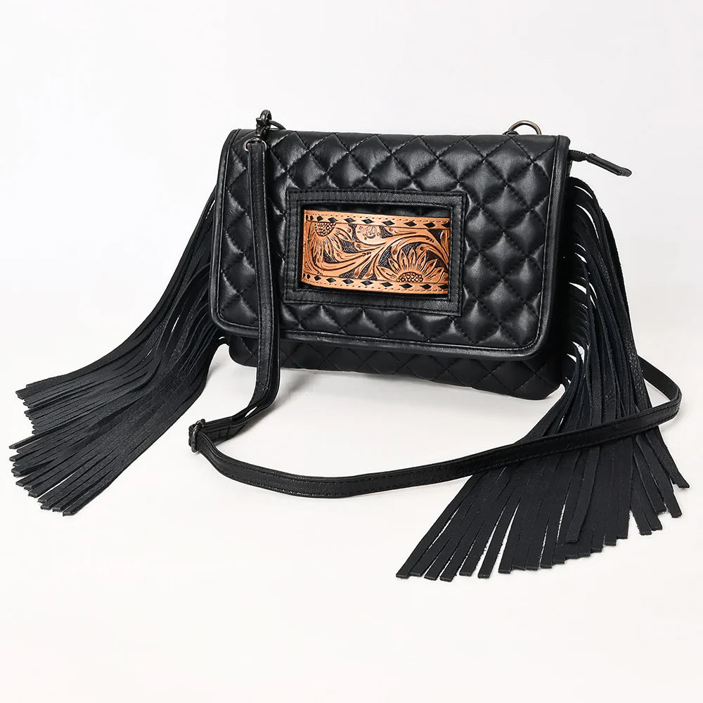 American Darling Crossbody Bag with leather fringes and hand-tooled design.