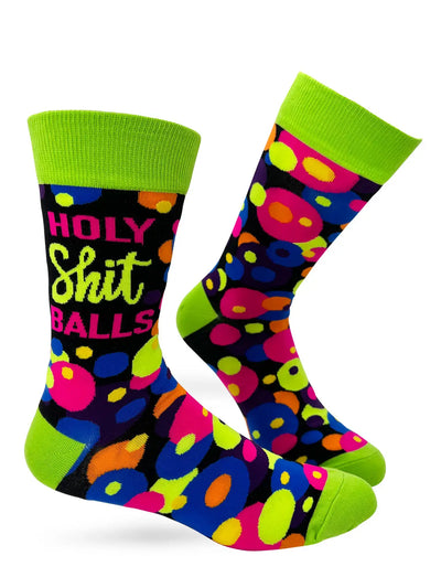 Men's novelty crew socks with colorful polka dots and "Holy Shit Balls" humorous text in bright neon colors.