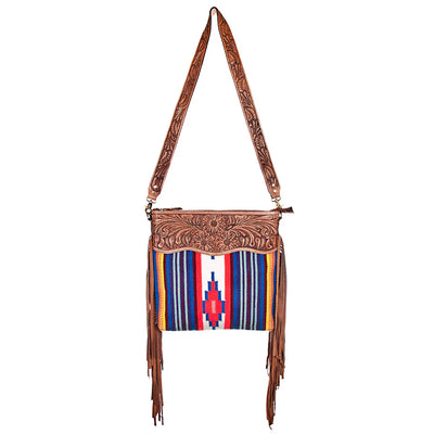 American Darling Large Crossbody Messenger Bag ADBG400 handcrafted vegetable tanned leather with handwoven wool blanket and leather fringes