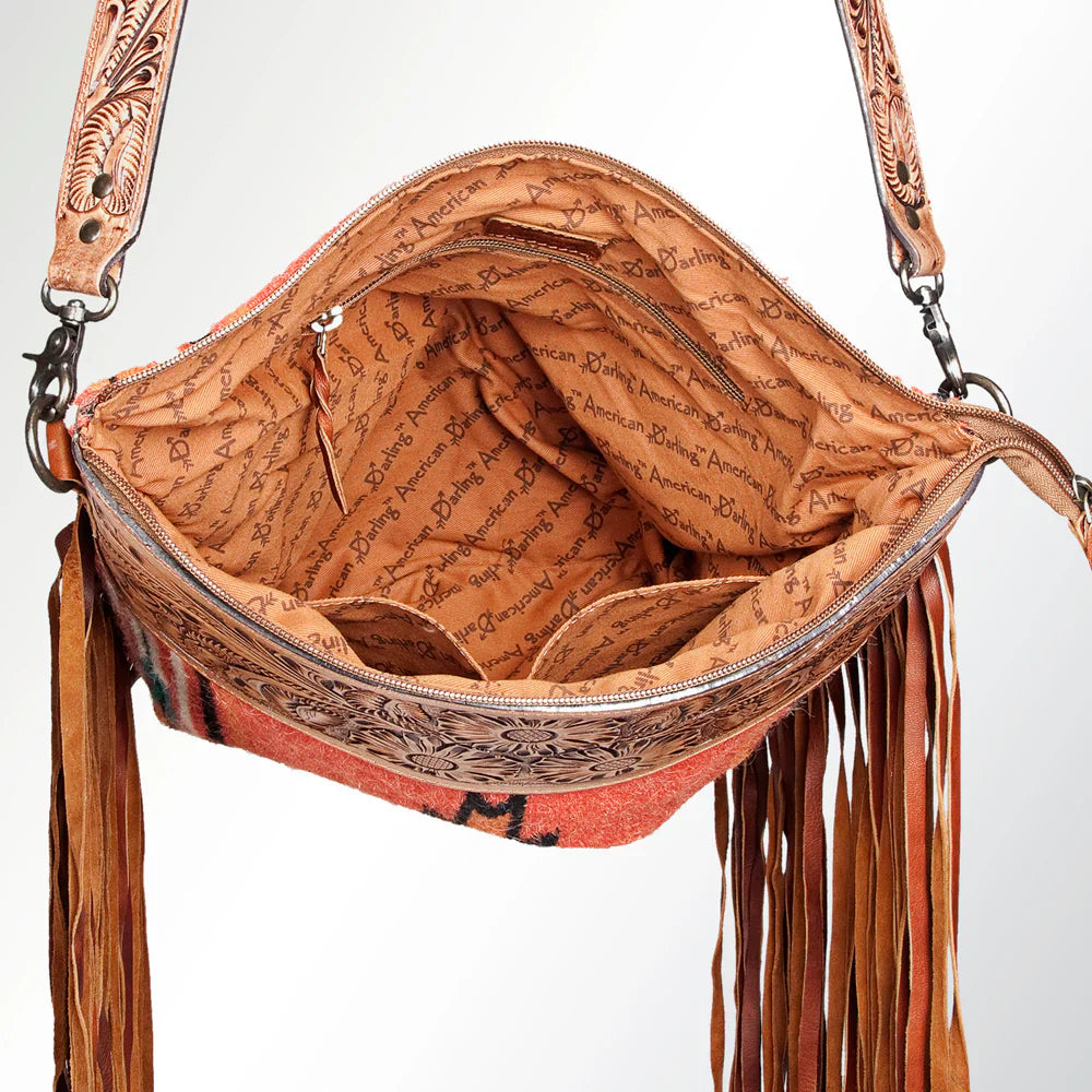 American Darling Large Crossbody ADBGZ103 with hand-tooled leather, wool saddle blanket, leather fringes, and YKK zipper closure viewed open