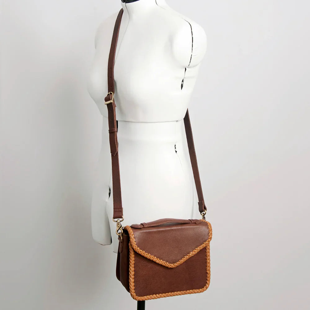 American Darling Small Crossbody messenger bag in genuine full grain leather with adjustable strap and braided detailing