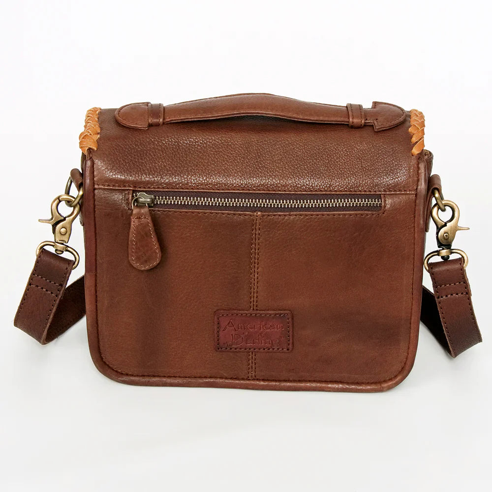 American Darling small crossbody messenger bag in brown full grain leather with adjustable strap and YKK zipper