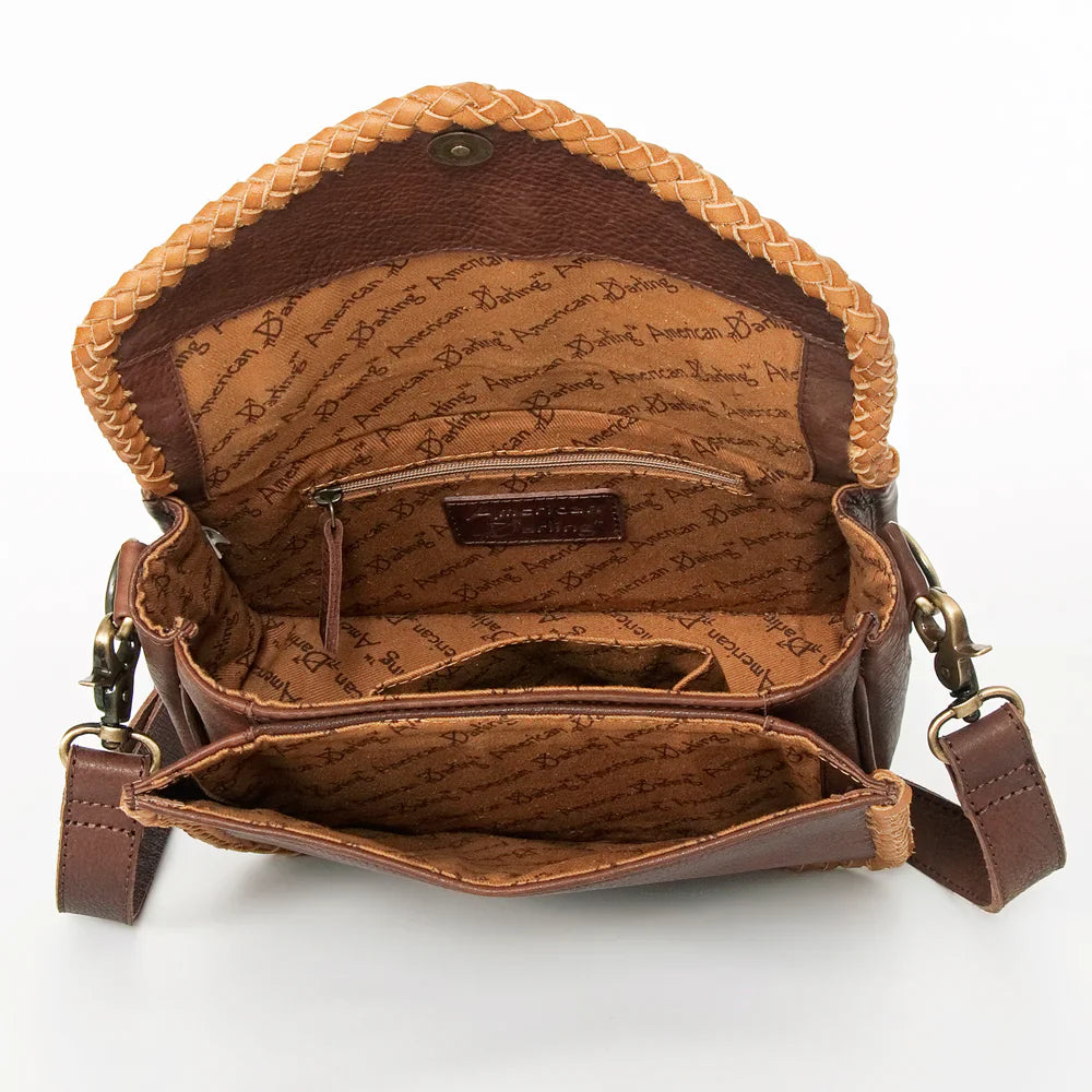 American Darling Small Crossbody messenger bag in genuine full grain leather with adjustable strap and braided detailing