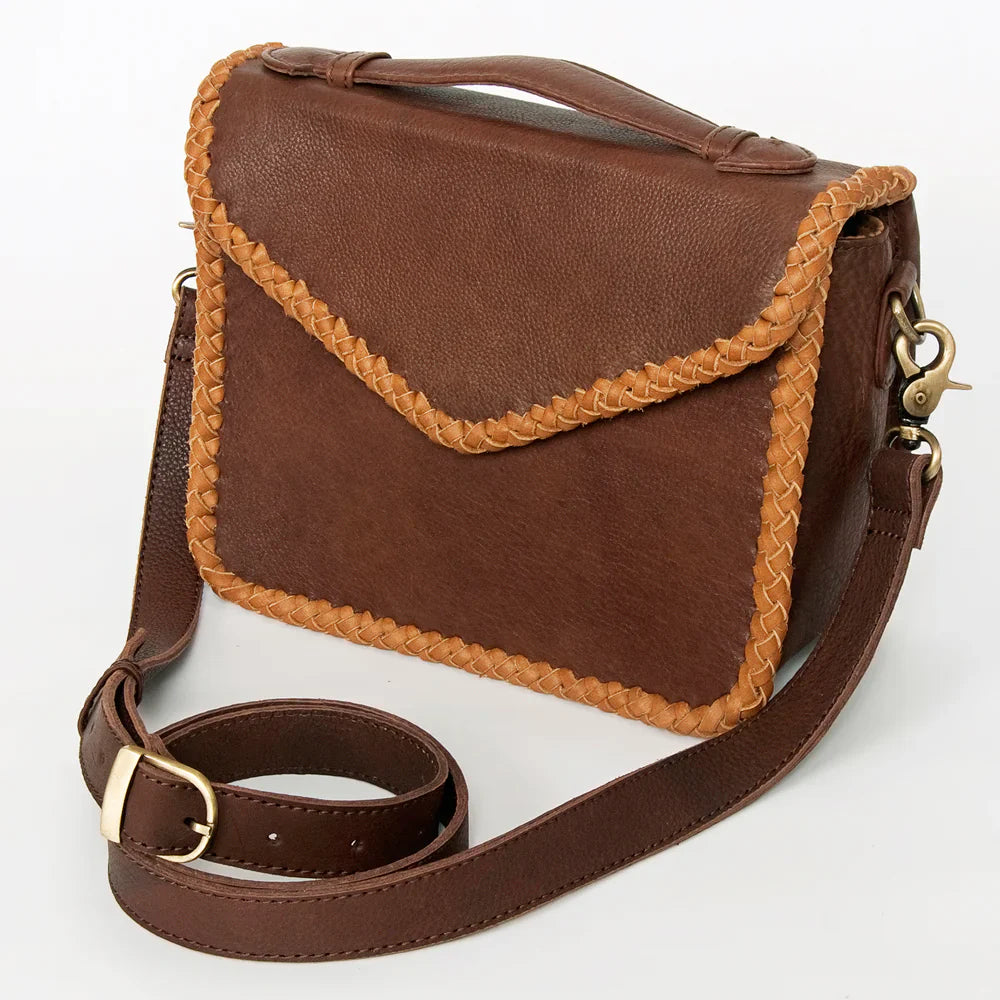American Darling Small Crossbody Messenger Bag in brown full grain leather with braided detailing and adjustable shoulder strap