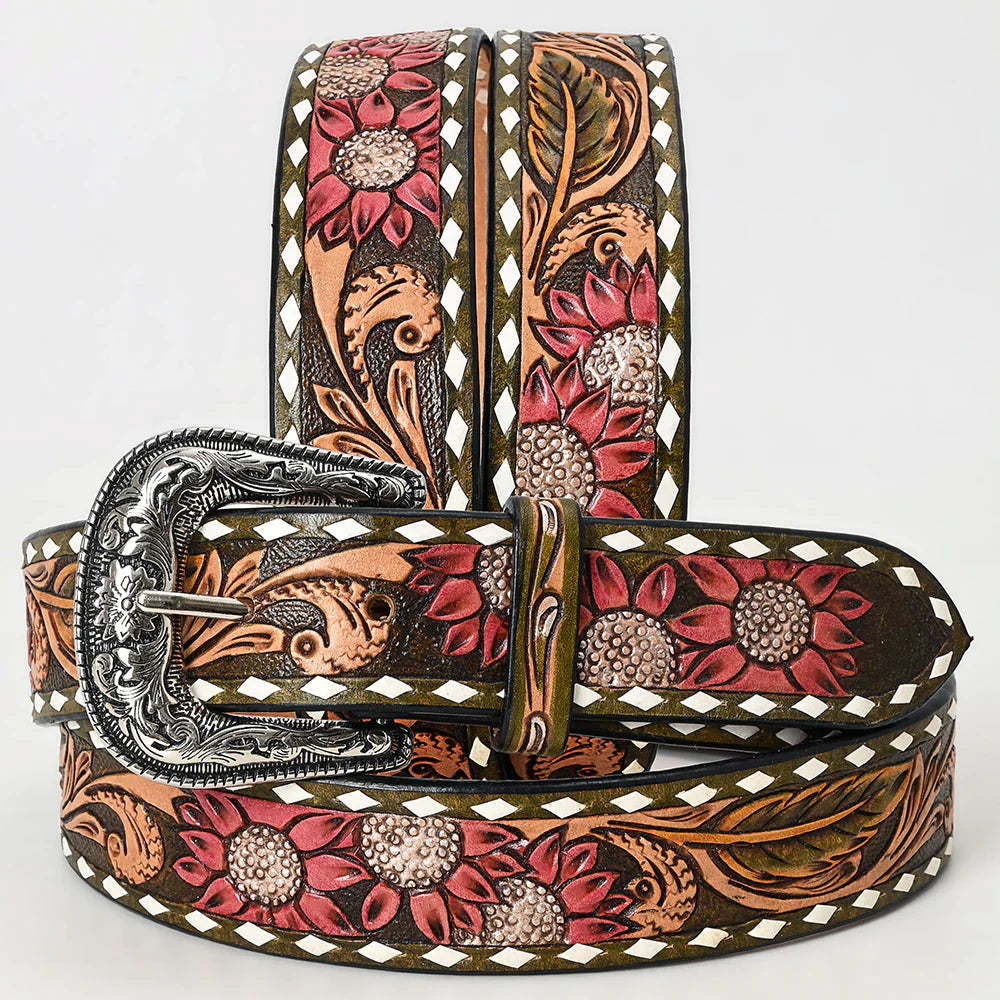 American Darling 32 inch belt, hand-tooled leather with floral design and antique metal buckle.
