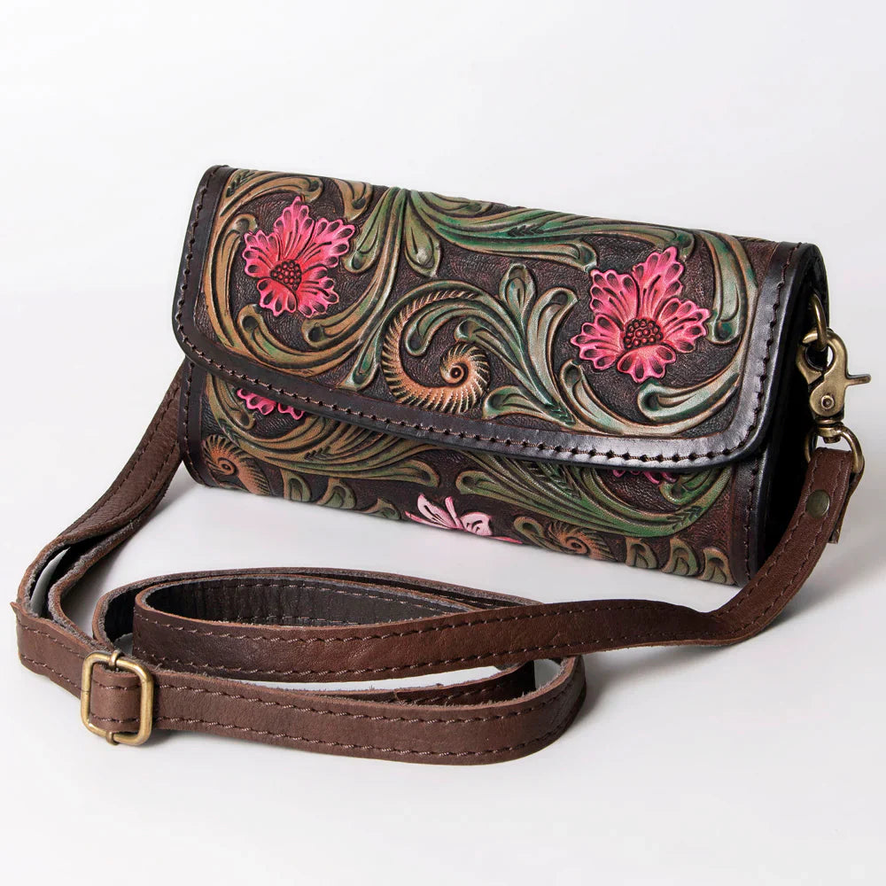 American Darling Wallet ADBGA247K handcrafted full grain leather crossbody wallet with hand-tooled floral design and antique finish metal fittings