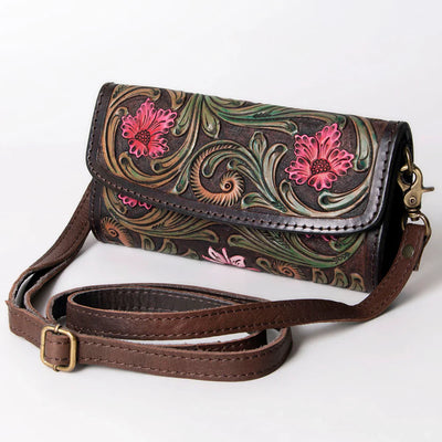 American Darling Wallet ADBGA247K hand-tooled vegetable tanned leather crossbody wallet with adjustable strap and antique metal fittings