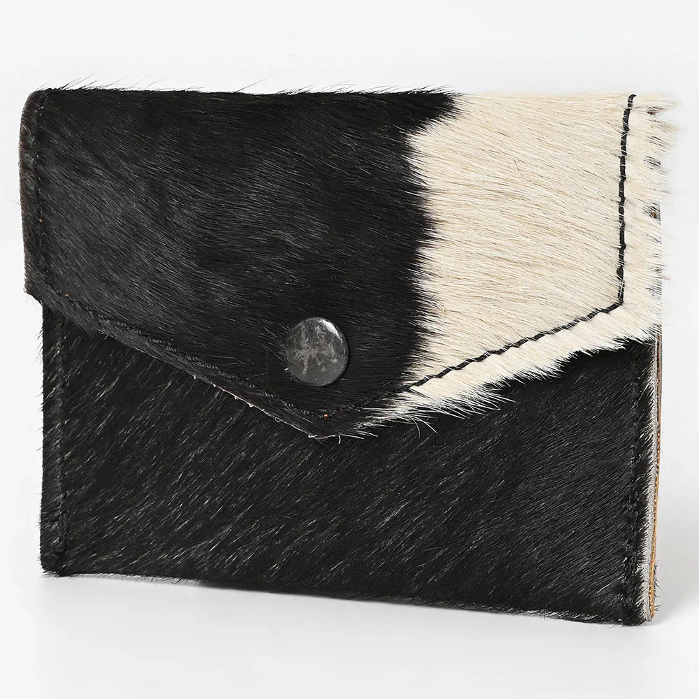 American Darling Card Holder Wallet ADBGZ141BKW black and white fur textured small card holder wallet with button closure 5x3 inches