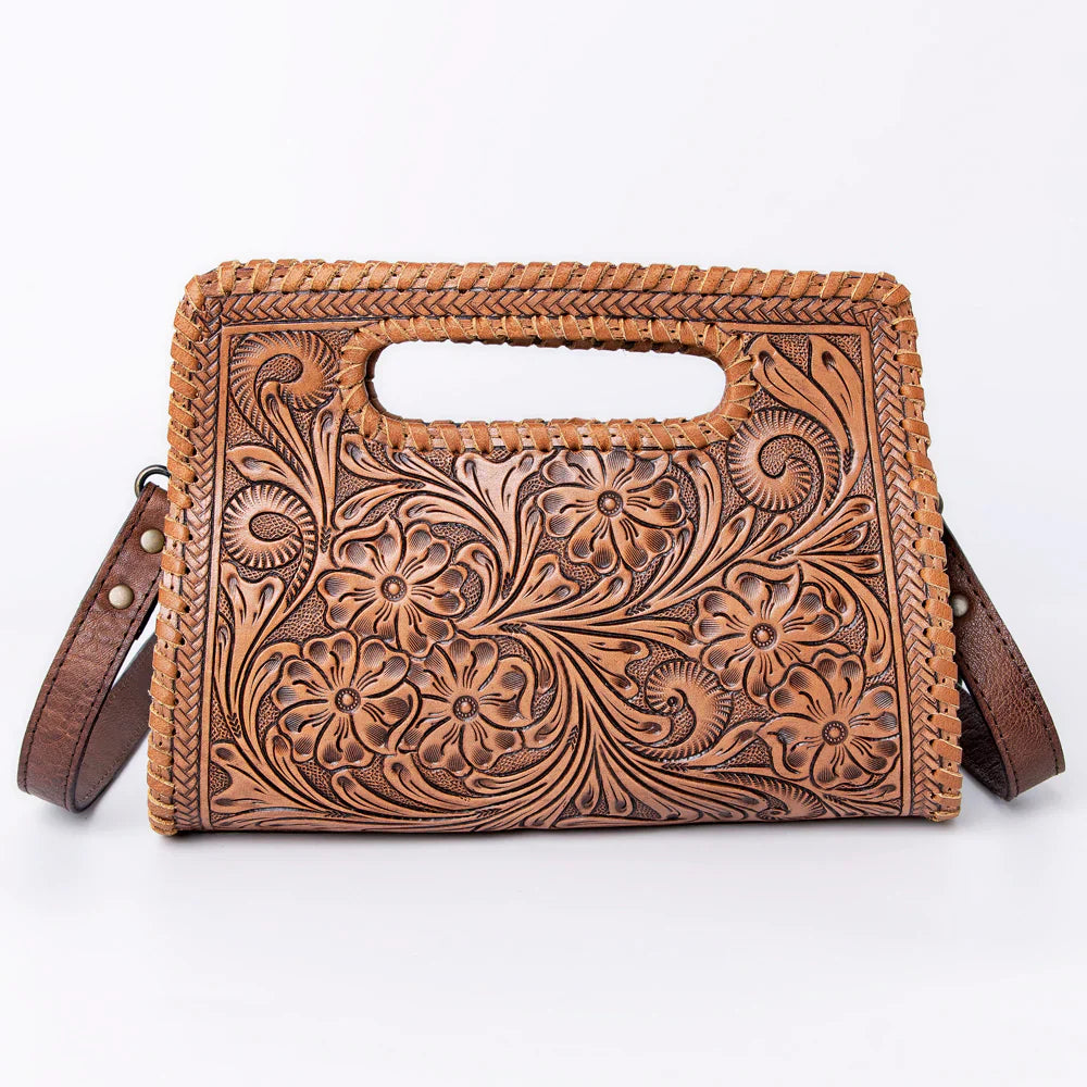 American Darling Small Crossbody Bag handcrafted with detailed floral tooled American Cowhide leather and adjustable strap
