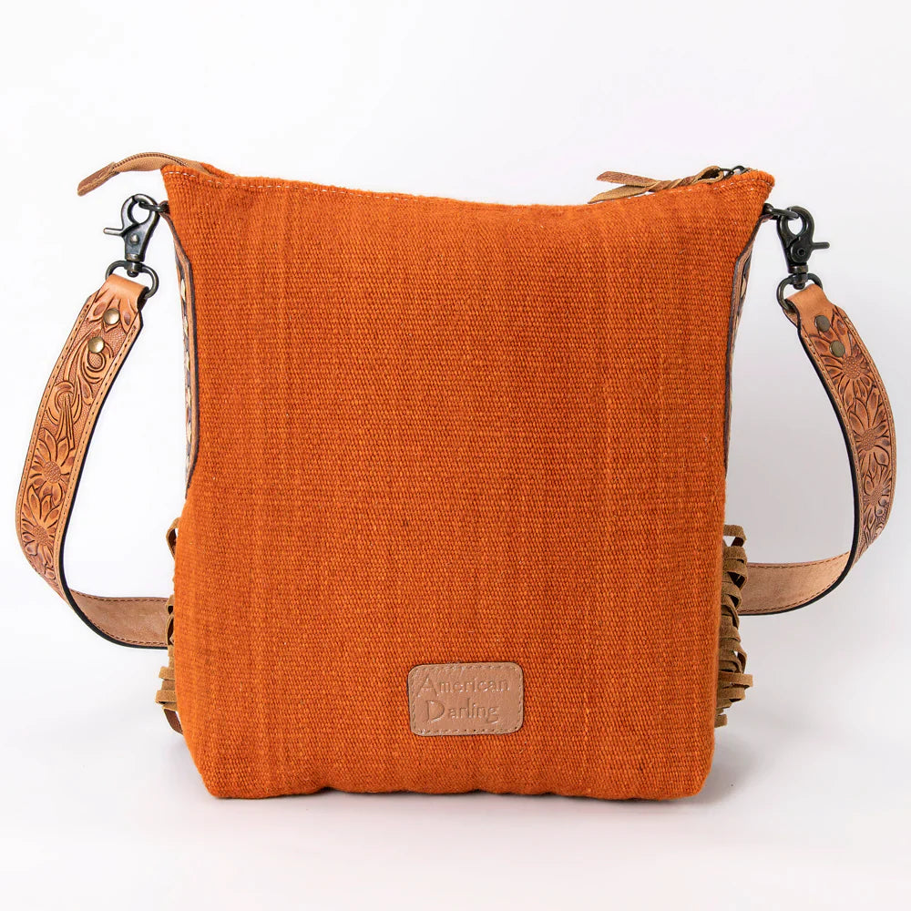 American Darling Large crossbody ADBG905AC with hand woven wool, genuine leather, leather fringes, adjustable tooled leather strap, and antique metal fittings.