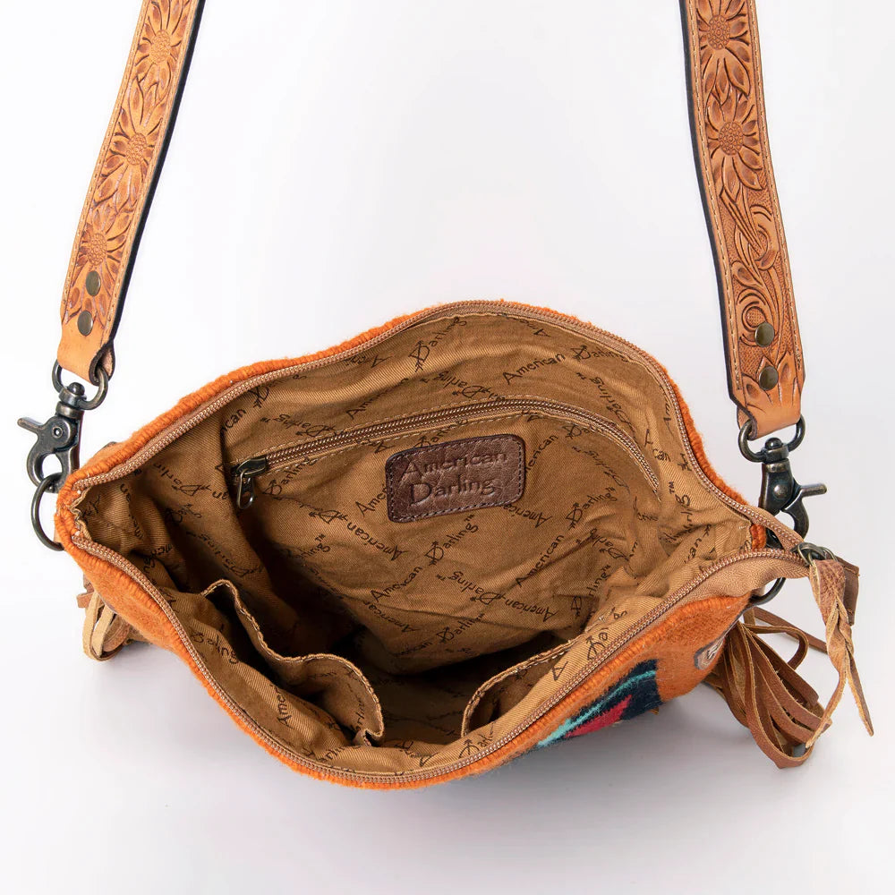 American Darling Large crossbody bag ADBG905AC with hand-tooled leather strap and wool saddle blanket interior view