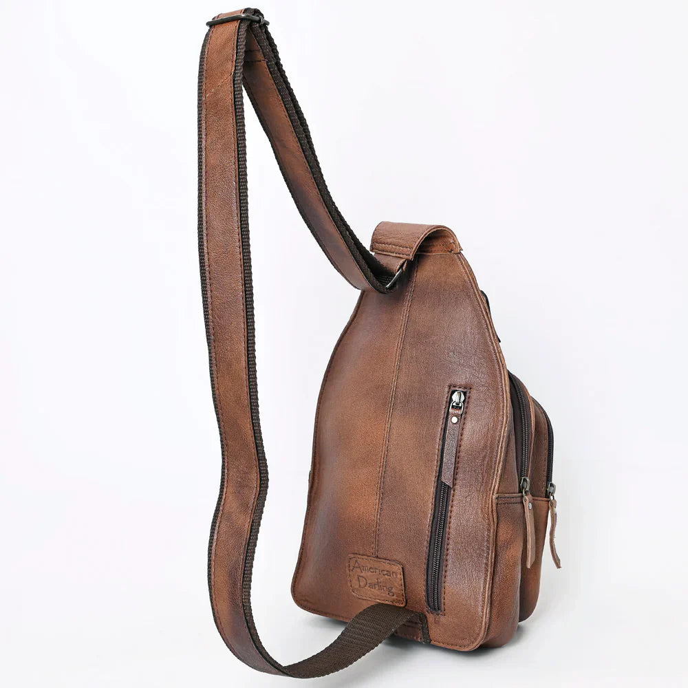 American Darling Sling ADBG1151 in brown full grain leather with adjustable shoulder strap and YKK zippers.