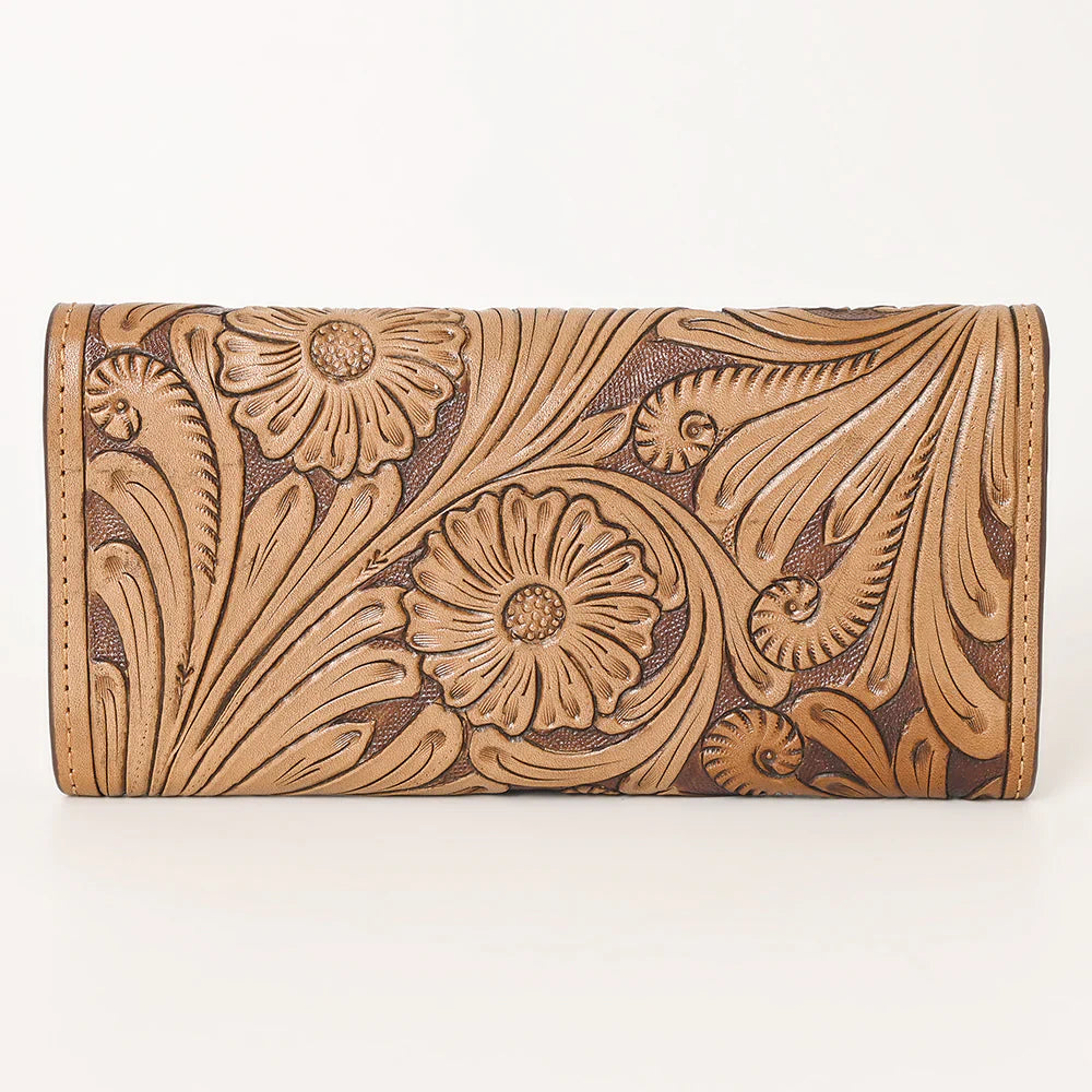 Ohlay Wallet KBG151 with hand-tooled floral design in genuine cowhide leather, featuring durable YKK zipper.