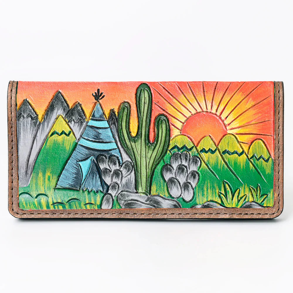 Ohlay Wallet KBG220 handcrafted vegetable tanned American cowhide leather with colorful desert sunset design