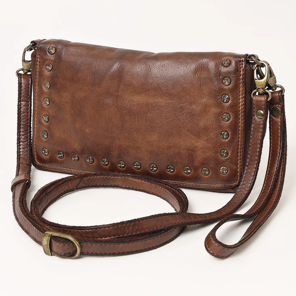Spaghetti Western Crossbody Wallet in brown full grain leather with adjustable strap, multiple card slots, mesh ID window, and durable YKK zipper closure