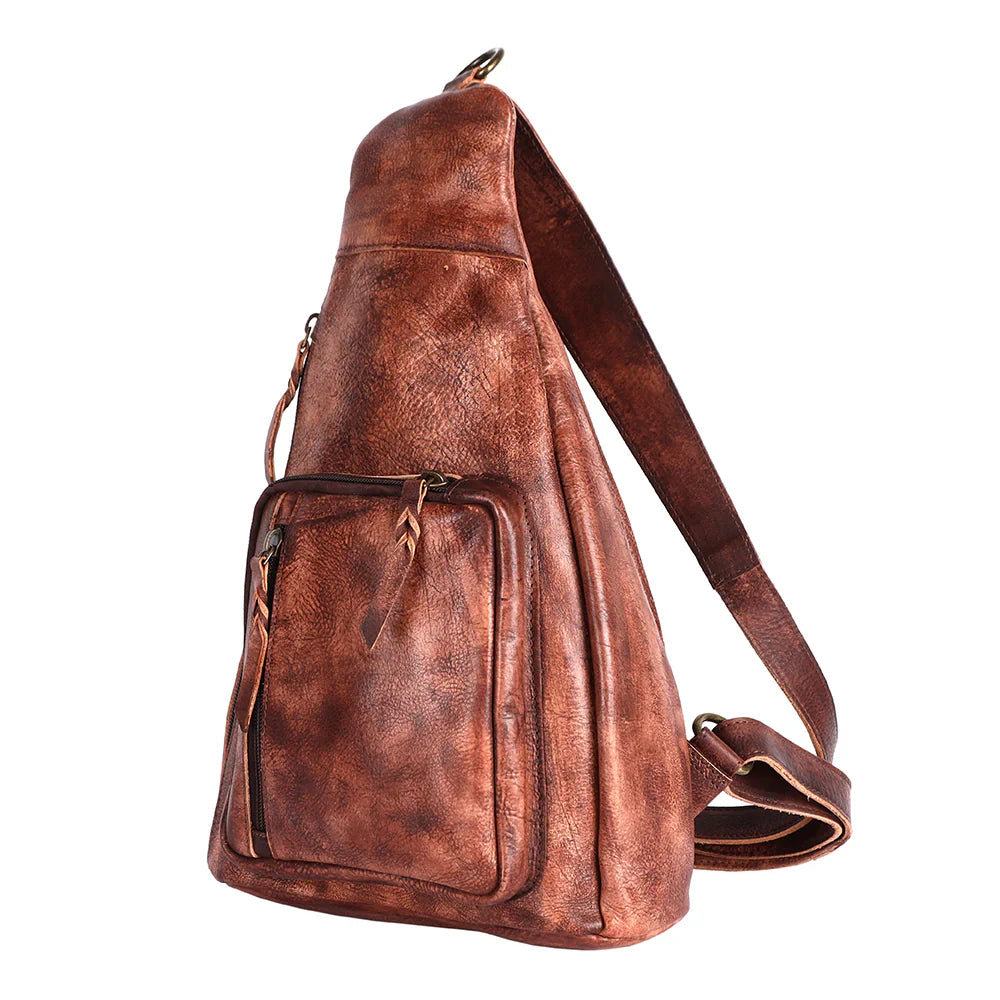 Premium authentic full grain leather sling bag with adjustable strap and durable antique metal fittings.