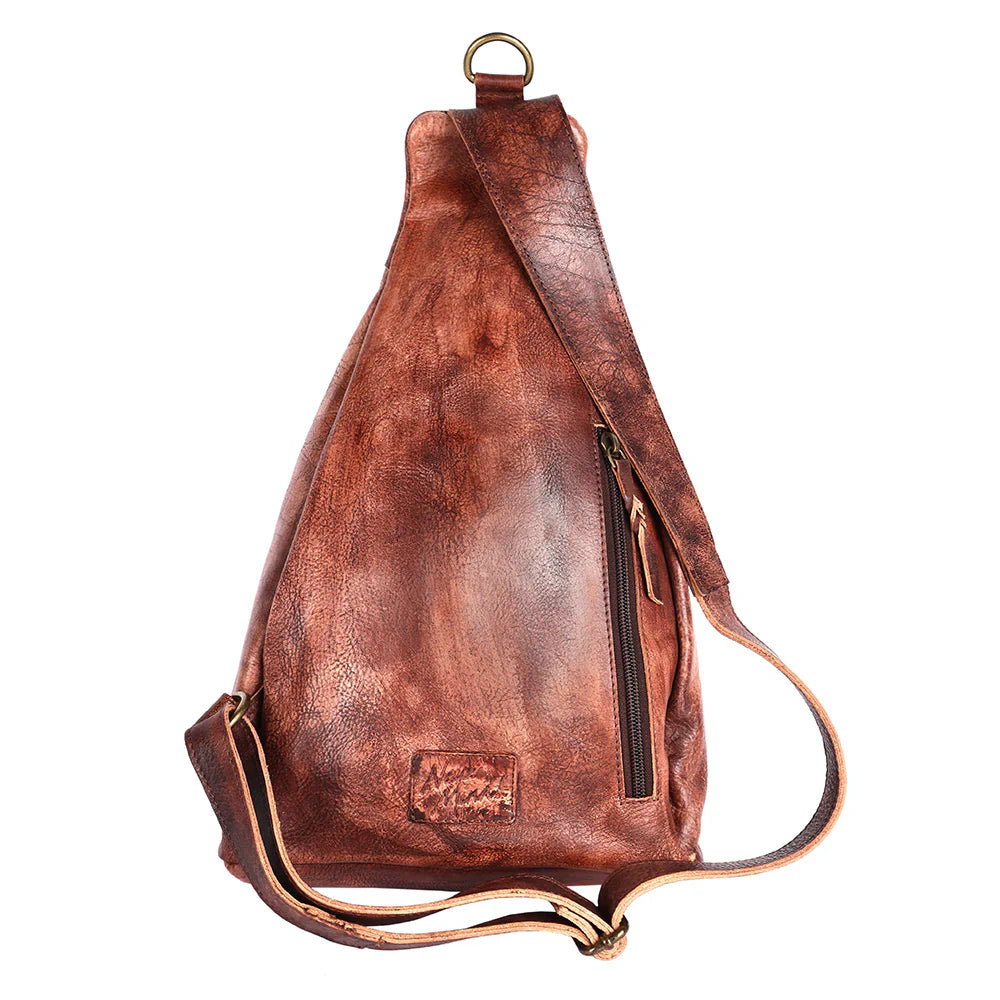 Premium full grain leather bag with adjustable strap and antique finish metal fittings.