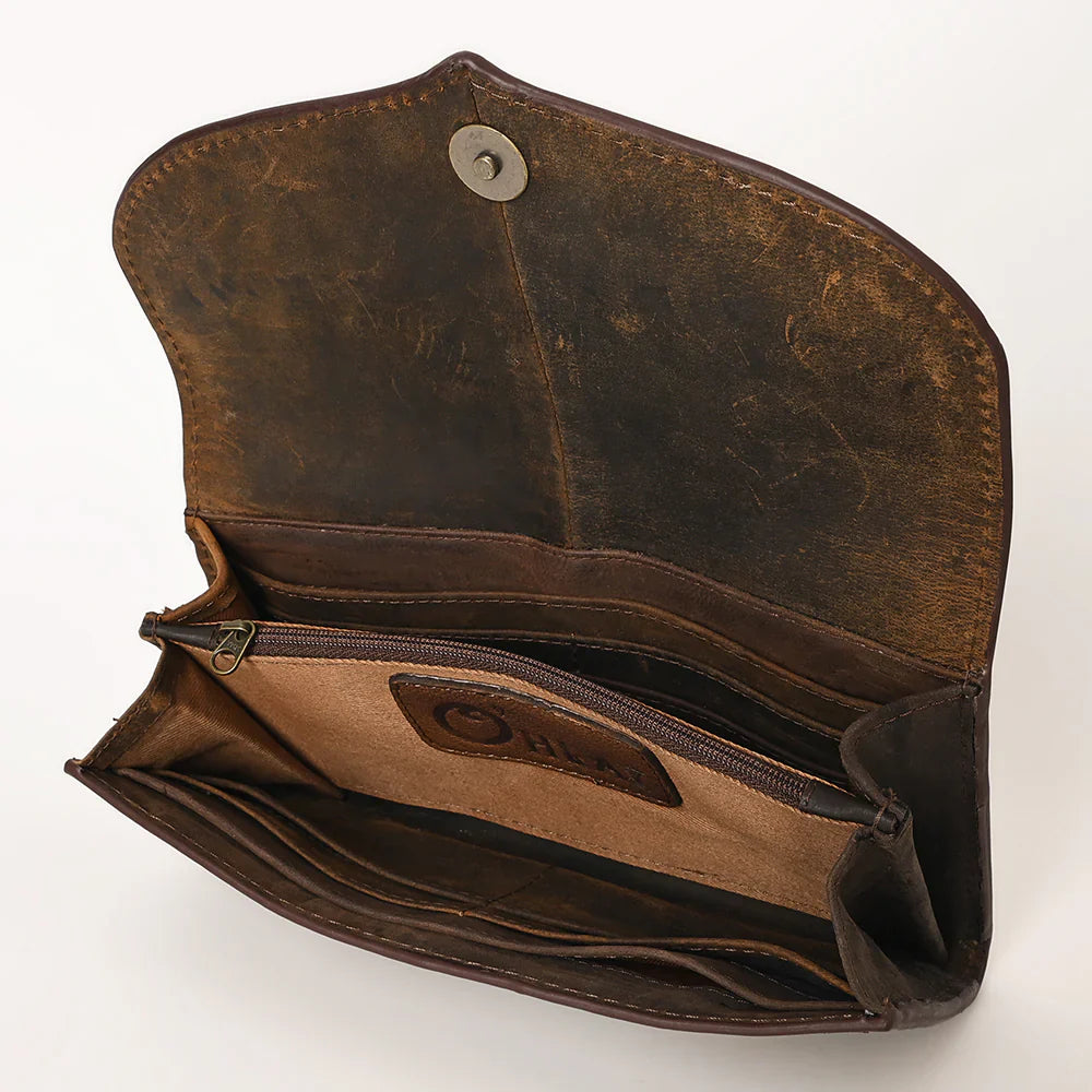 Ohlay Wallet OHG159 made from hand-tooled genuine cowhide leather with a YKK zipper, dimensions 4.5in x 8in.