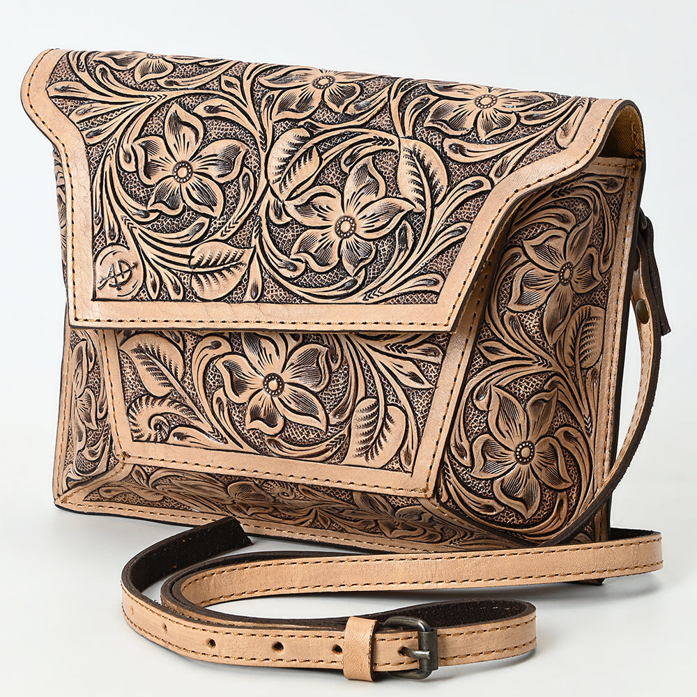 American Darling Small crossbody bag with hand-tooled floral design on genuine full grain vegetable tanned cowhide leather