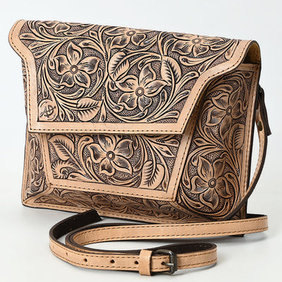 American Darling Small crossbody bag with detailed hand-tooled floral design on genuine full grain cowhide leather and adjustable strap