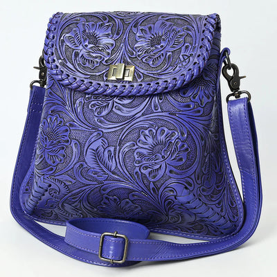 American Darling Small Crossbody Bag in purple vegetable tanned full grain leather with detailed hand-tooled floral design and adjustable strap
