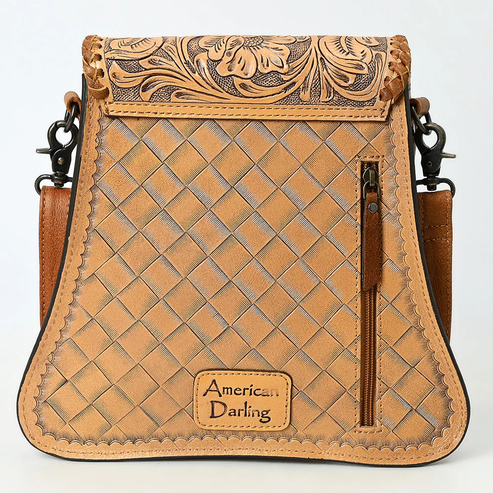 American Darling small crossbody bag in hand-tooled vegetable tanned cowhide leather with braided details and adjustable strap