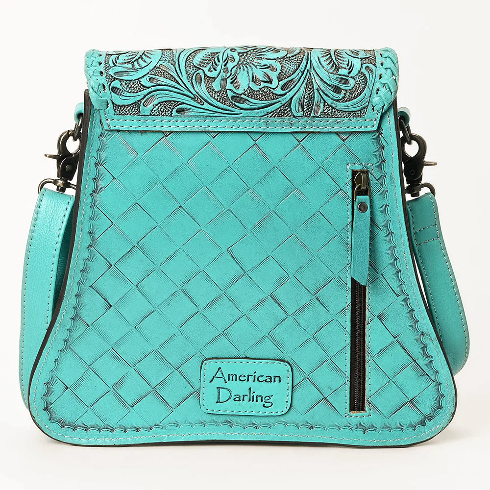 American Darling Small Crossbody Bag in turquoise full grain leather with hand-tooled floral design, adjustable strap, and antique metal fittings