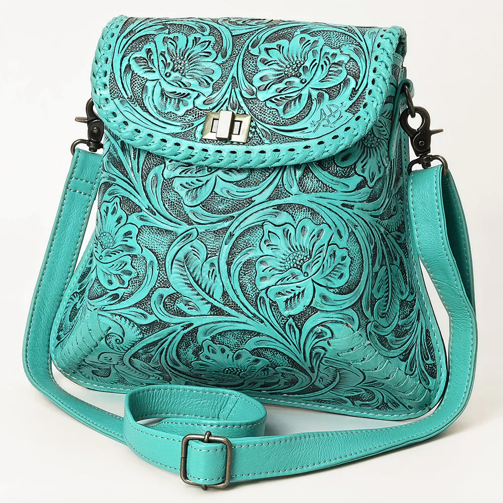 Turquoise American Darling Small Crossbody Bag with hand-tooled floral design, genuine cowhide leather, adjustable strap, and antique metal fittings
