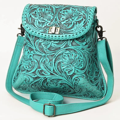 Turquoise American Darling Small Crossbody Bag with hand-tooled floral design, genuine cowhide leather, adjustable strap, and antique metal fittings
