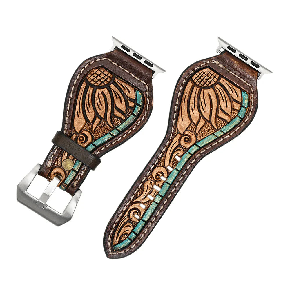 American Darling Watch Strap ADWAR153-41 with hand-tooled leather and stainless steel fitting for Iwatch sizes 38mm-45mm.