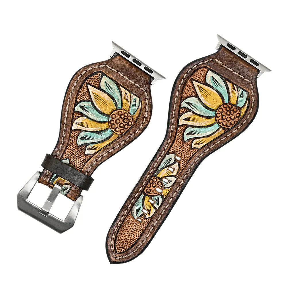American Darling Watch Strap ADWAR156-41, hand-tooled leather with stainless steel fittings, fits 38mm-41mm iWatch.