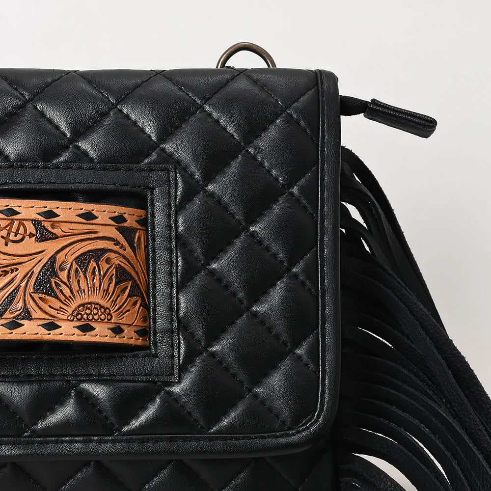 American Darling Crossbody Bag ADBG1665 with hand-tooled leather, fringes, and antique metal fittings.