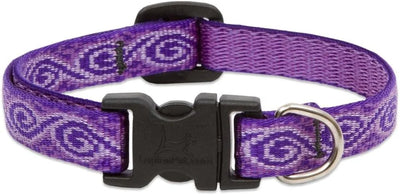 Purple 1/2in Jelly Roll adjustable dog collar with swirl pattern and black buckle, fits 8-12 inch necks