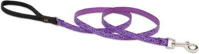 1/2 inch purple jelly roll dog leash with black handle and metal clip, 6 feet long