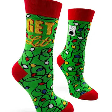 Get Lit Women's novelty crew socks with festive holiday light design, red cuff and heel, soft cotton blend, fits women's shoe sizes 5-10