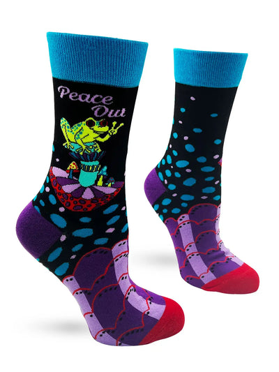 Peace Out Frog Women's novelty crew socks featuring a peace-sign-throwing frog with colorful, playful design in cotton blend.