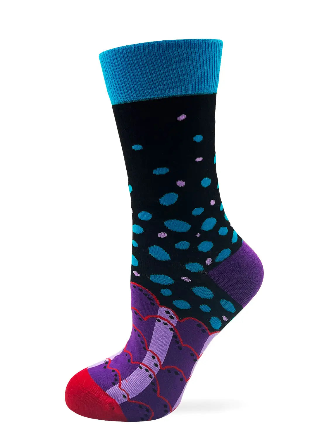 Peace Out Frog Women’s novelty crew sock with colorful frog and polka dot design in blue, purple, and red tones