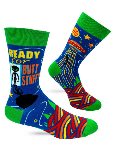 Men's novelty crew socks with colorful alien and space-themed design and cheeky "Ready for Butt Stuff?" text, green cuffs and toes