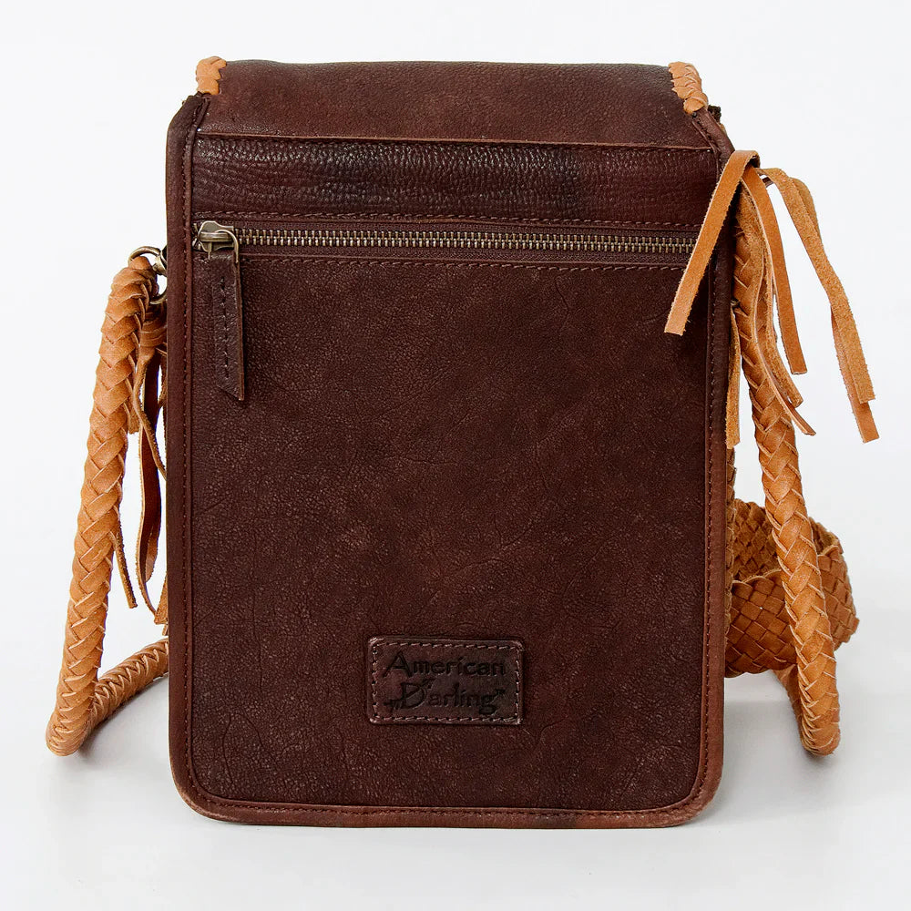 American Darling Small Crossbody Bag with leather fringes, turquoise stone, and adjustable strap.