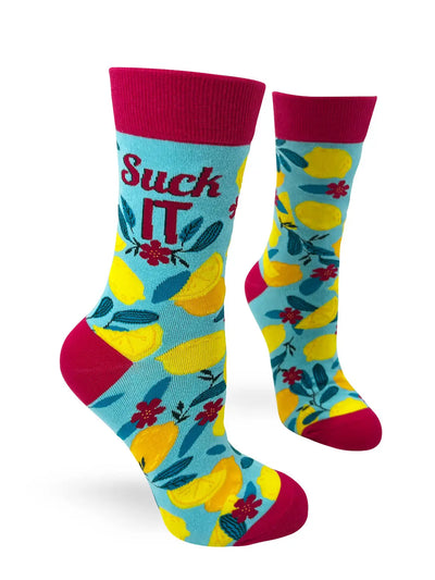 Women's novelty crew socks with "Suck It" text and lemon graphics in bright colors