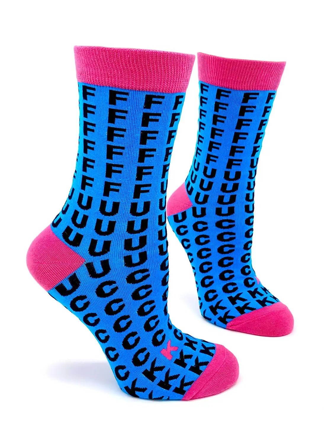 Bold blue and pink women’s crew socks with repeated “F” letters and playful, sassy design