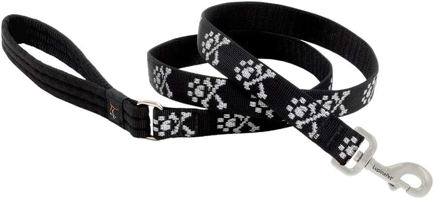 1in Bling Bonz 6ft black dog leash with white paw print design and metal clip