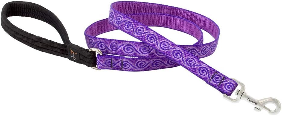 3/4in Jelly Roll 6ft purple patterned dog leash with black handle and metal clip