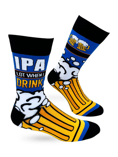 Men's novelty crew socks with "IPA Lot When I Drink" text and beer mug design, soft and breathable for craft beer lovers.