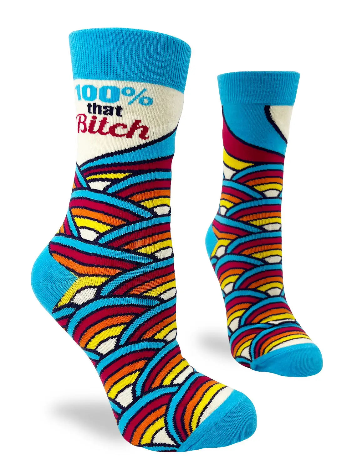Bright blue women’s sassy novelty crew socks with colorful wave patterns and bold “100% That Bitch” text design