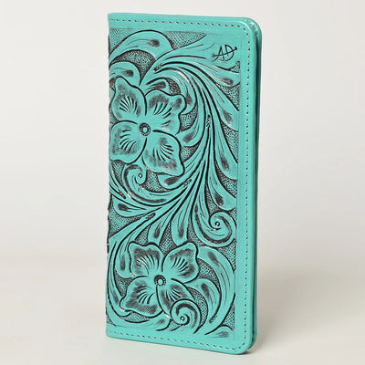 American Darling Wallet ADBG1269G, hand-tooled turquoise cowhide leather with floral design, 8in by 4in, genuine full grain.