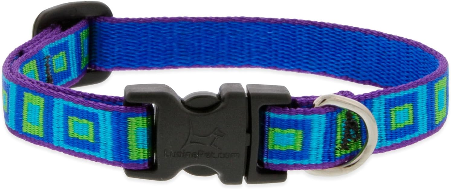 adjustable 1/2in Sea Glass pet collar with blue geometric pattern and black plastic buckle