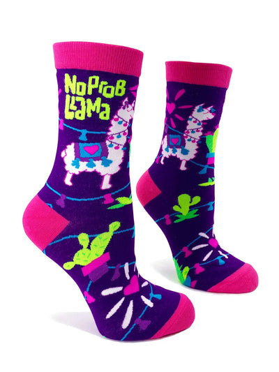 Pair of women's crew socks with colorful llama design and "No Prob Llama" text, soft cotton blend