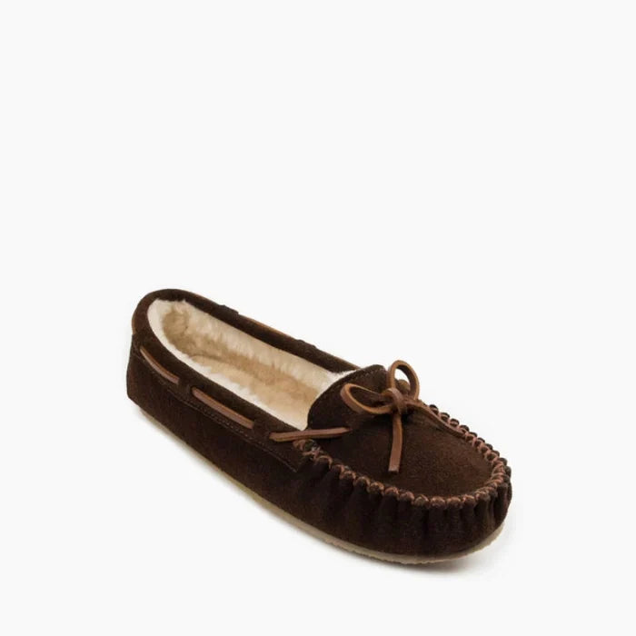 Pre Order Minnetonka CALLY SHOES, brown suede moccasins with sheepskin lining and rubber sole.