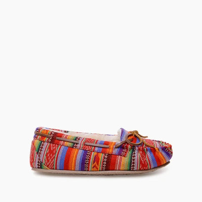 Luxurious Minnetonka CALLY SHOES with colorful design and suede finish.